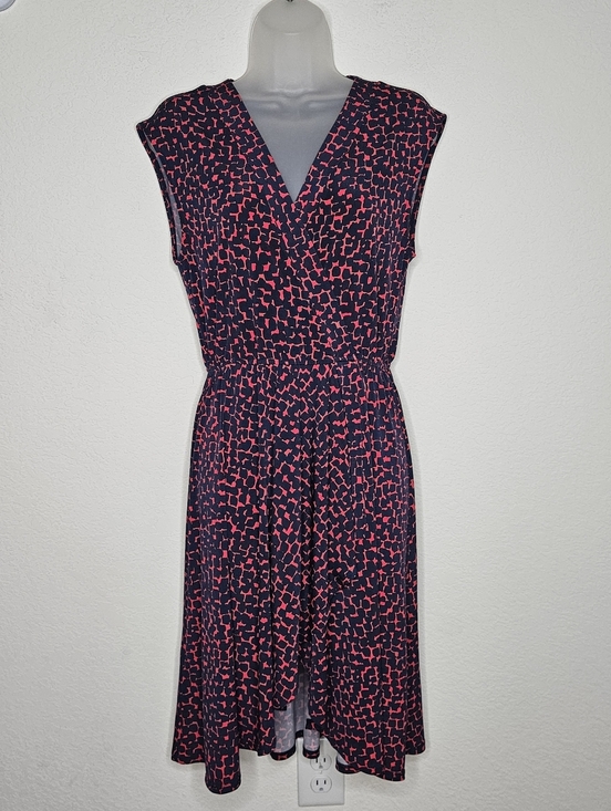 BCBGMaxAzria Dresses & Skirts - BCBG MaxAzria Navy and Pink Abstract Print Surplice V-Neck Midi Faux Wrap Dress